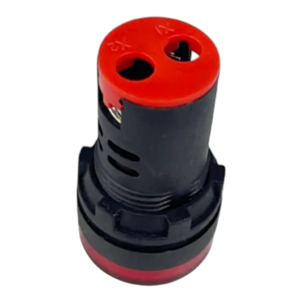 A black and red plastic cylindrical connector or nozzle component, shown from a top-down angle on a plain white background.