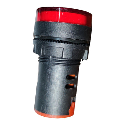 A cylindrical industrial indicator light with a red lens at the top, a black plastic body, and orange accents at the base, isolated on a white background.