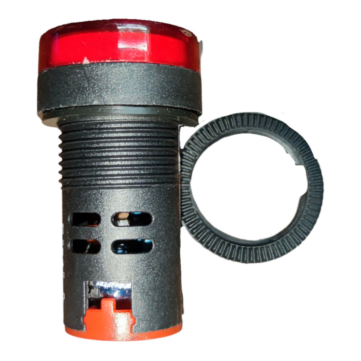A black industrial push-button switch with a red top cap and orange base, shown next to a separate black ring component on a white background.