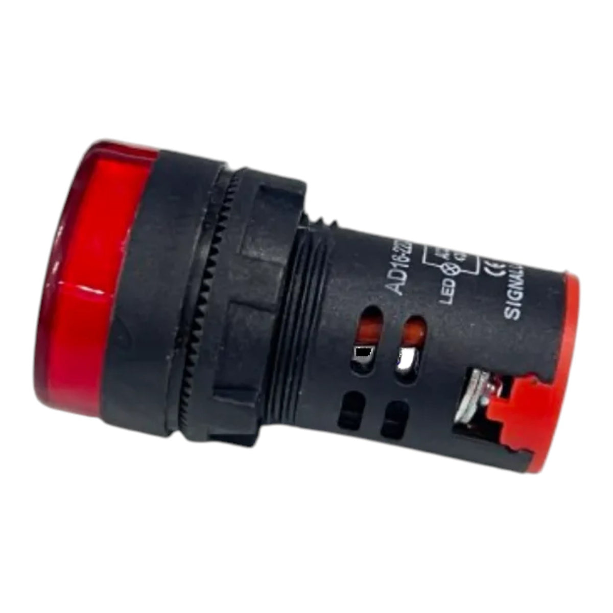 A black industrial push-button switch with a red translucent lens and red terminal ends, shown on a plain white background.