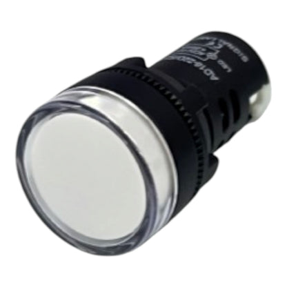 A small cylindrical industrial LED indicator light with a clear circular lens, a black textured body, and a silver metal terminal on a white background.