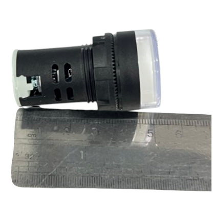 A black cylindrical plastic component with a clear cap, shown next to a metal ruler for scale on a white background.