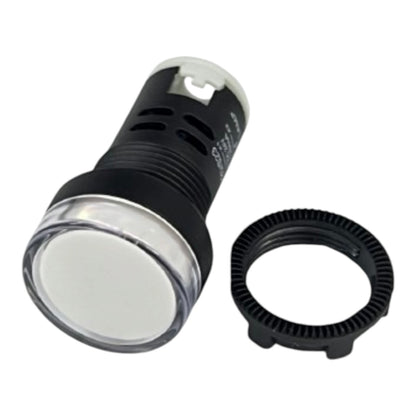 A black industrial push-button indicator light with a clear lens cover, shown alongside a separate black mounting ring on a plain white background.