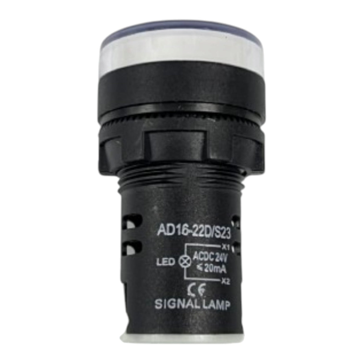 A black industrial signal lamp with a clear lens at the top and white printed technical specifications on the side, shown against a plain white background.