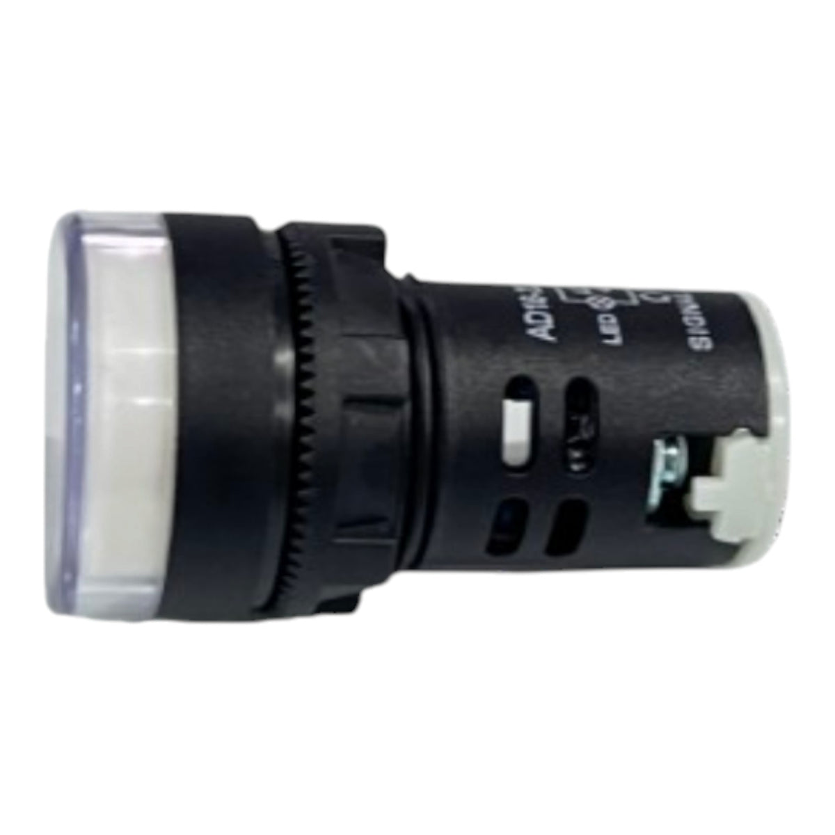 A black cylindrical electrical push-button switch with a clear lens cover, featuring white printed markings for 'ADIS' and 'LED', and a white plastic connector on the side.