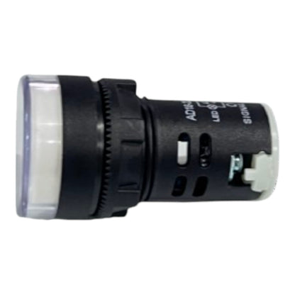 A black cylindrical electrical push-button switch with a clear lens cover, featuring white printed markings for 'ADIS' and 'LED', and a white plastic connector on the side.