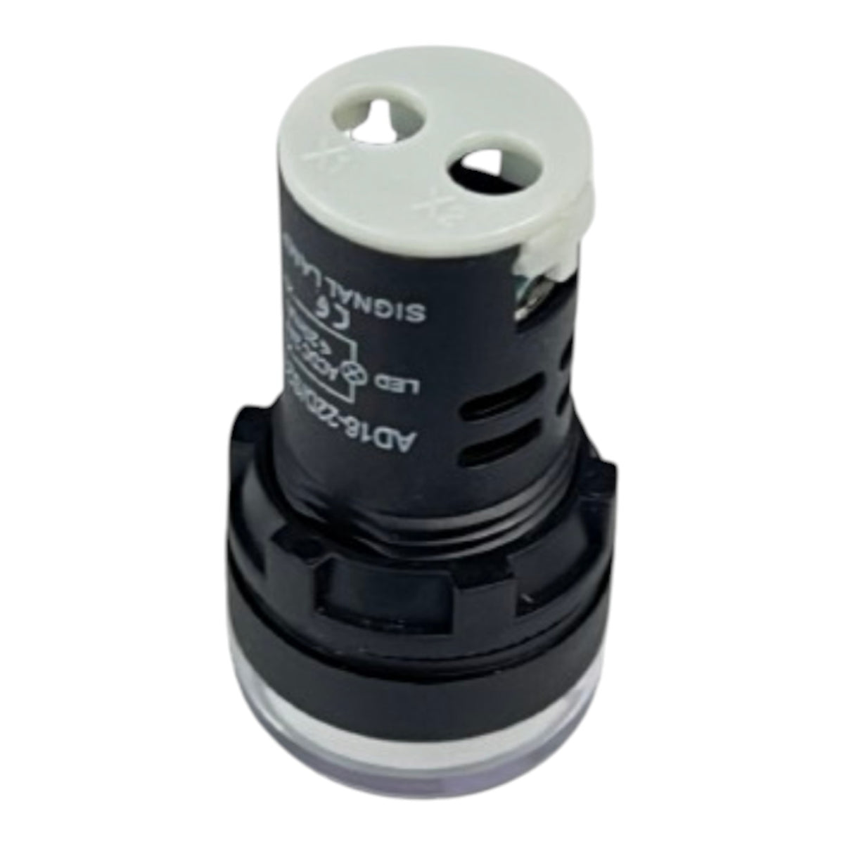 A black electronic signal lamp with a white plastic top cap and a clear bottom lens, featuring white printed text and symbols on its side.