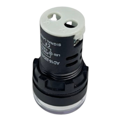 A black electronic signal lamp with a white plastic top cap and a clear bottom lens, featuring white printed text and symbols on its side.