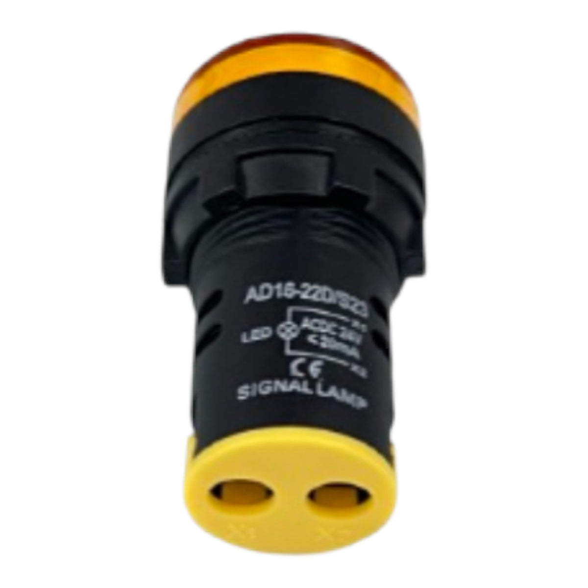 A black and yellow industrial LED signal lamp with white printed technical specifications, shown on a plain white background.