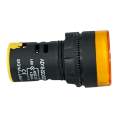 A black industrial signal lamp with a translucent amber-yellow lens and matching yellow end cap, featuring printed white text including 'SIGNAL LAMP' and model details.
