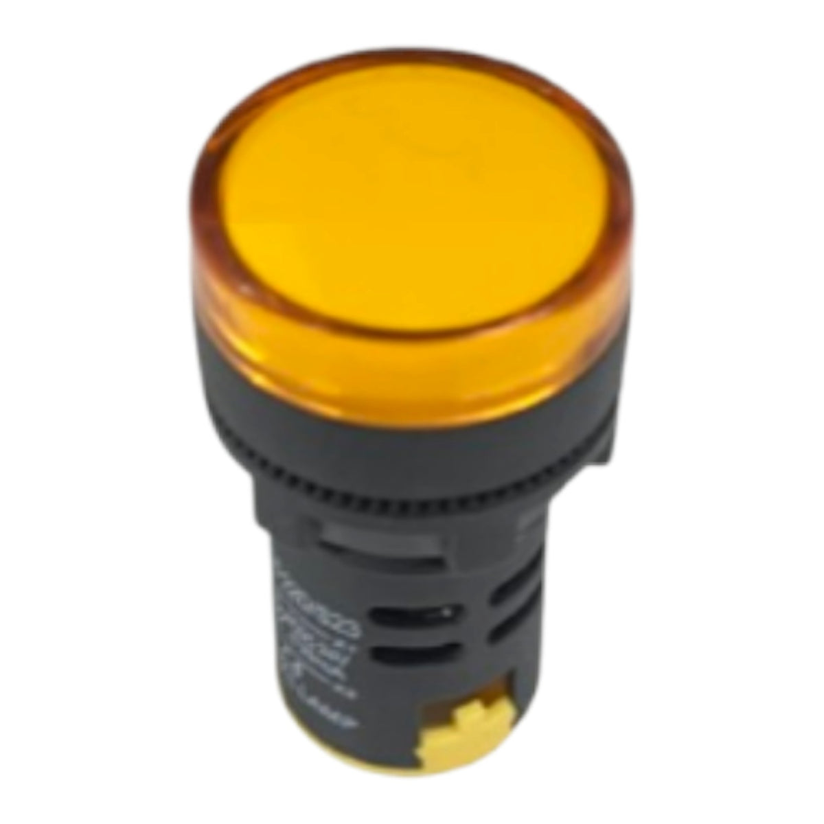 An industrial indicator light socket with a translucent amber yellow top lens and a black plastic base, shown on a plain white background.