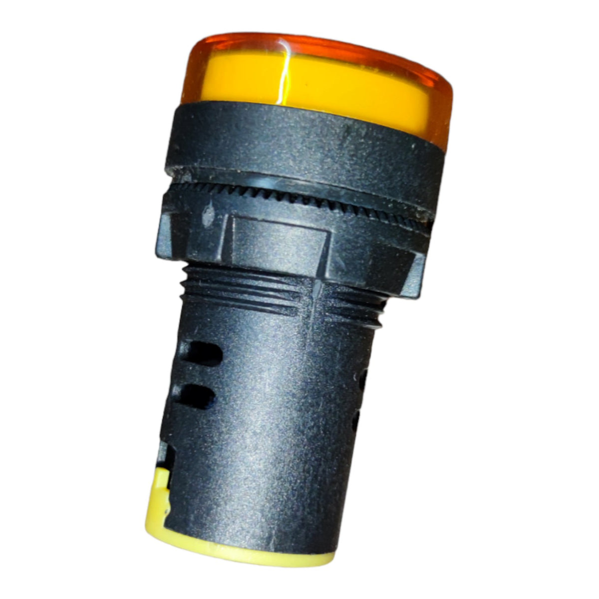 A cylindrical industrial electrical component, likely a terminal block or connector, featuring a black textured plastic body, a translucent amber top cap, and a yellow accent ring at the base.