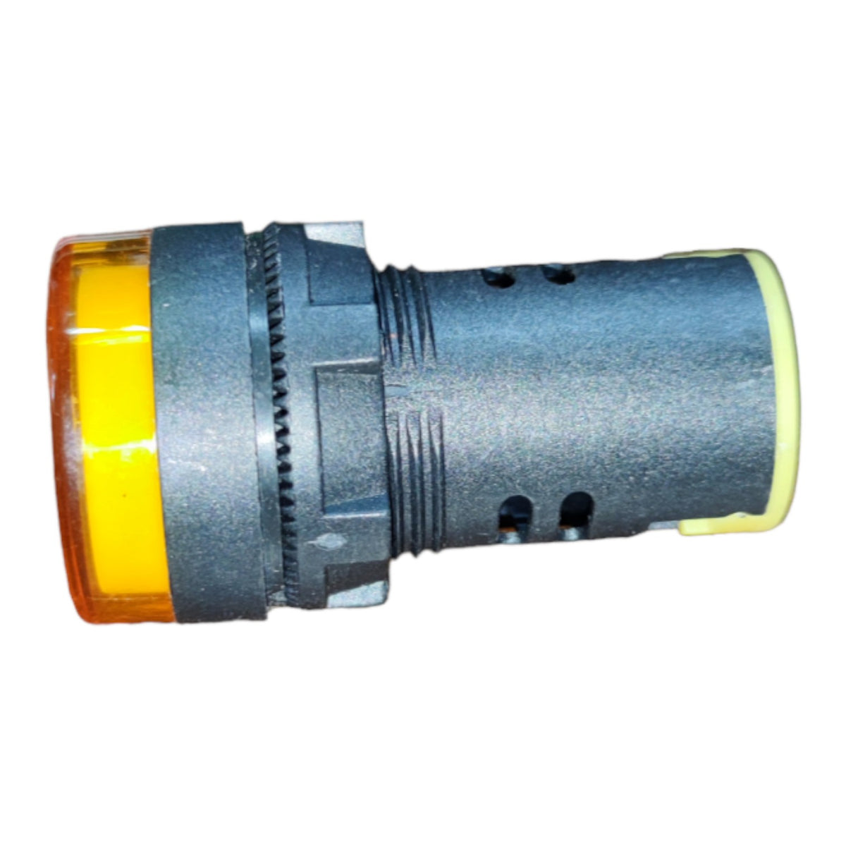 A cylindrical automotive light switch with a black textured housing, a translucent amber lens on the front, and a light green plastic end cap, isolated on a white background.