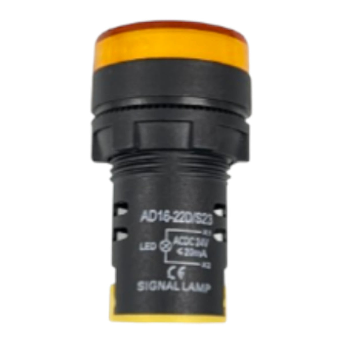 A black industrial signal lamp with a yellow-orange translucent top cap and yellow base, featuring white printed technical specifications and CE marking.