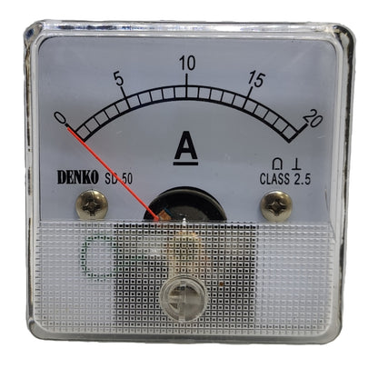 A square Denko SD-50 analog ammeter with a clear protective glass cover, featuring a white face, black scale markings, a red needle, and brass screws.