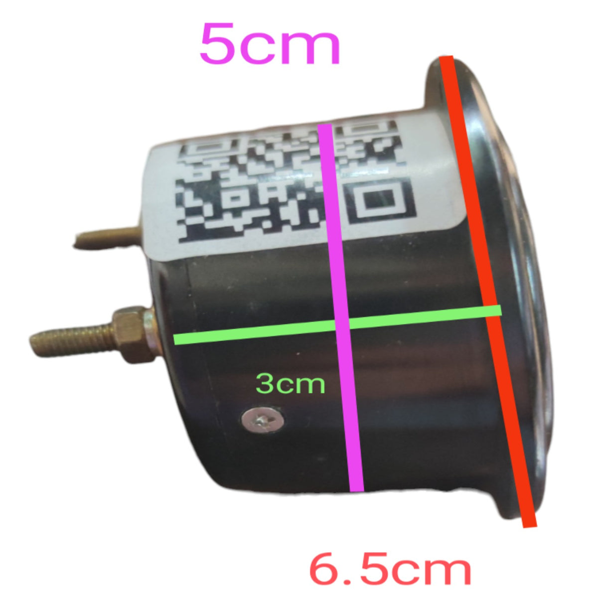A cylindrical black automotive part with metal studs and a white label featuring a QR code, overlaid with colored measurement lines and text indicating dimensions of 5cm, 3cm, and 6.5cm on a white background.