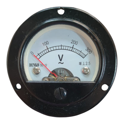 A round black DENKO analog voltmeter gauge with a white dial face, red needle, and silver metal terminals, isolated on a white background.