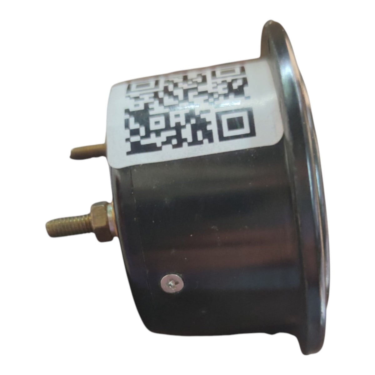 A black cylindrical automotive part with brass-colored terminal posts and a white label featuring a black QR code, isolated on a white background.
