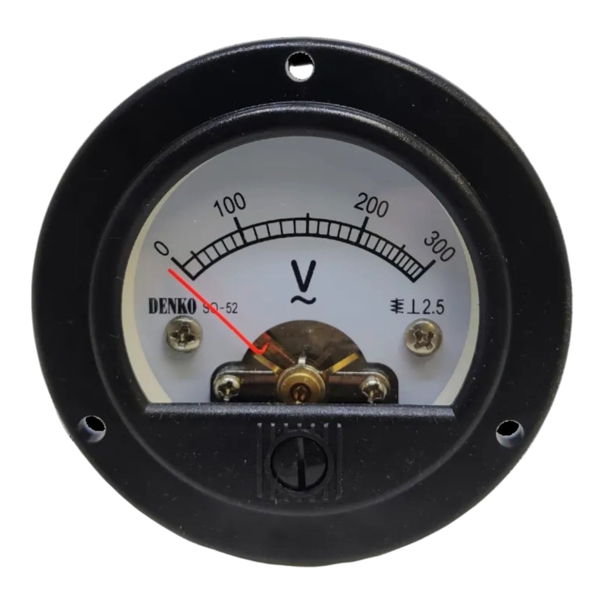 A round black Denko analog voltmeter gauge with a white face, black scale markings, a red needle, and brass screw terminals, isolated on a white background.