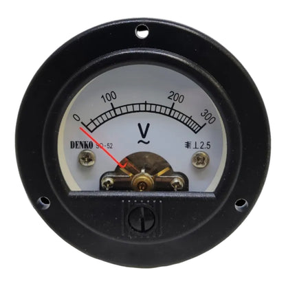 A round black Denko analog voltmeter gauge with a white face, black scale markings, a red needle, and brass screw terminals, isolated on a white background.