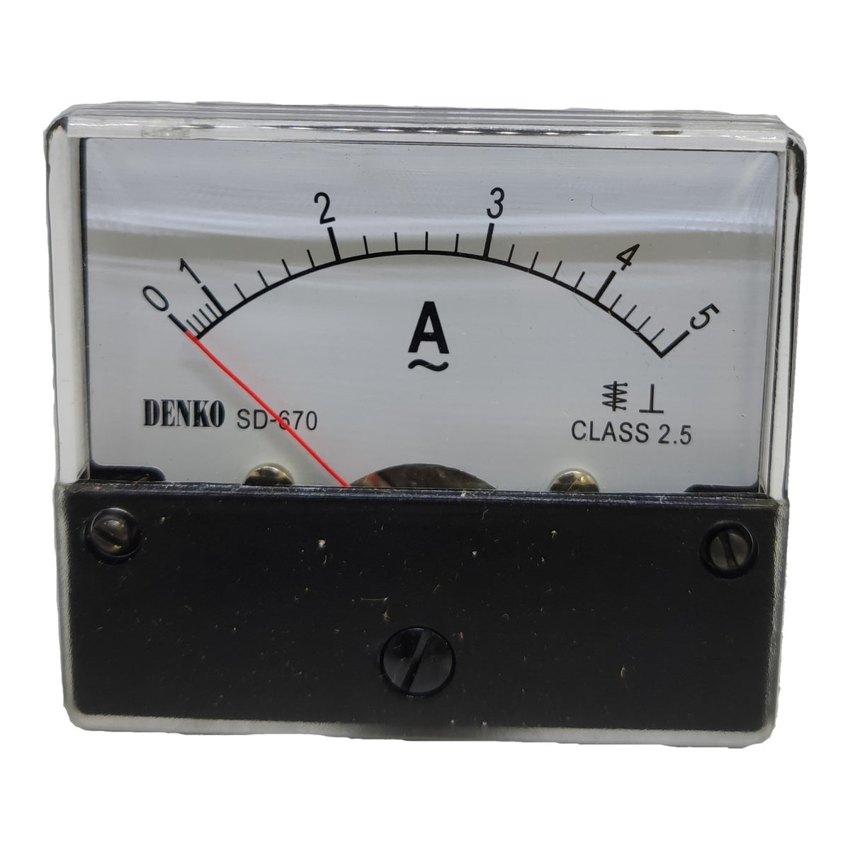 A Denko SD-670 analog ammeter with a black case, clear protective cover, and a white face showing a red needle and black scale markings.