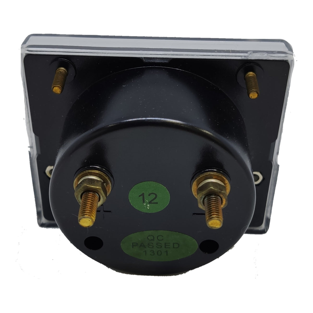 A black electrical terminal block with two brass screw terminals and a clear protective cover, shown against a white background.