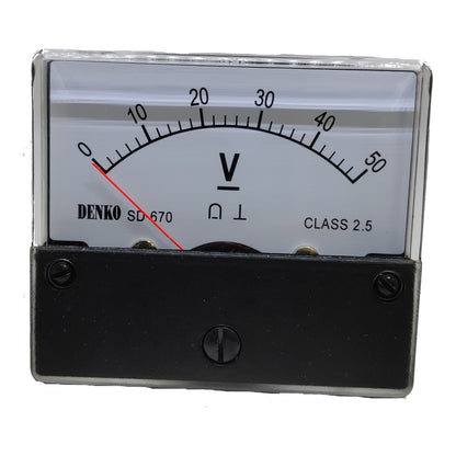 A Denko SD-670 analog multimeter with a black face, silver metal casing, and a white scale showing resistance measurements from 0 to 50 Ohms.