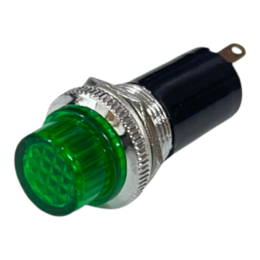 A green illuminated push-button indicator light with a black cylindrical body, a silver metal threaded bezel, and a single terminal lead, shown on a plain white background.
