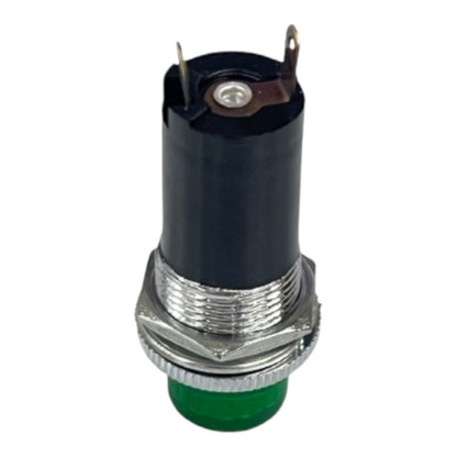 A small electrical push-button switch with a black cylindrical body, a silver metal threaded base, and a green button head, shown on a plain white background.