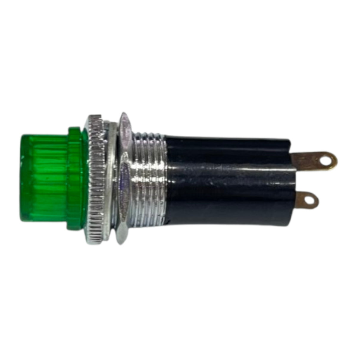 A green push-in button terminal with a silver metal ring and a black plastic body, shown against a plain white background.