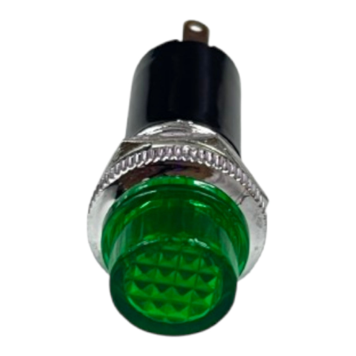 A green indicator light switch with a black plastic body, textured silver metal collar, and a green faceted lens, isolated on a white background.
