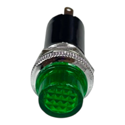 A green indicator light switch with a black plastic body, textured silver metal collar, and a green faceted lens, isolated on a white background.
