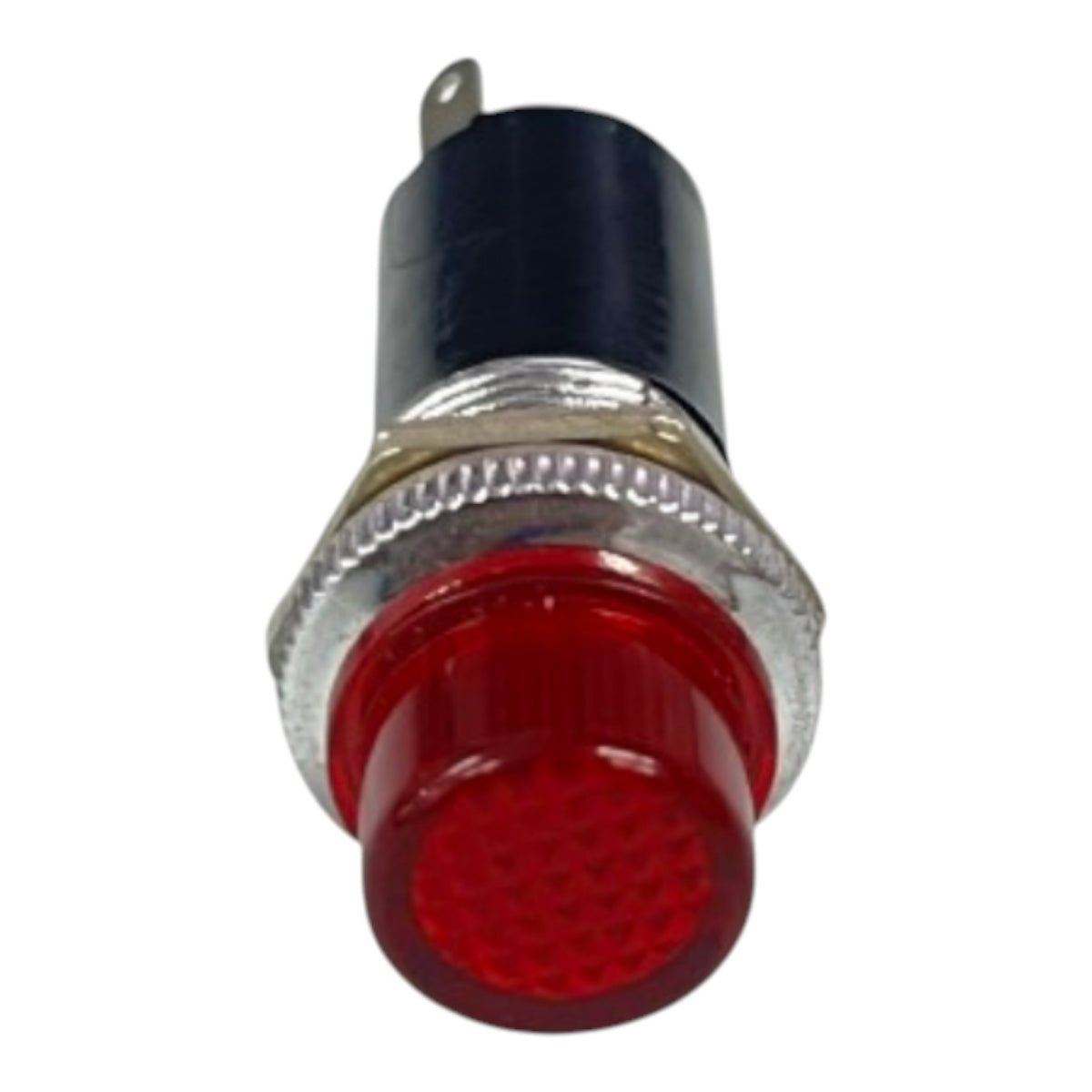 A red push-in indicator light socket with a black plastic top and a silver metal bezel, shown on a plain white background.