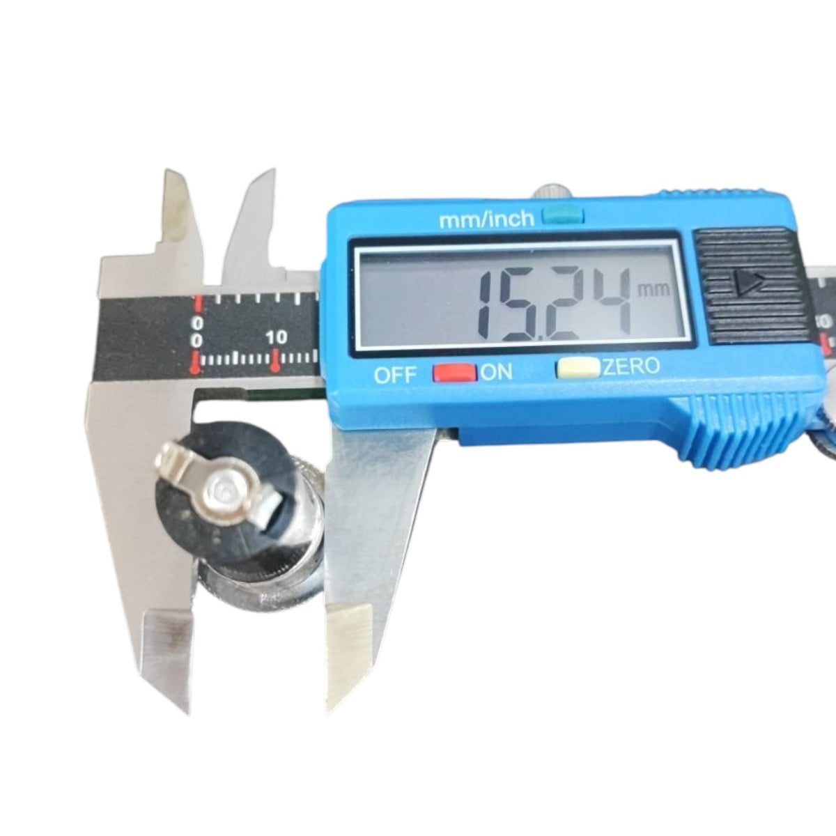 Digital caliper measuring tool with a blue display housing and silver metal jaws, shown measuring a small circular object on a white background.