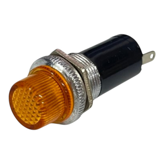 An industrial indicator light socket with a ribbed amber orange lens, a silver metal threaded housing, and a black plastic terminal body with a single wire lead.
