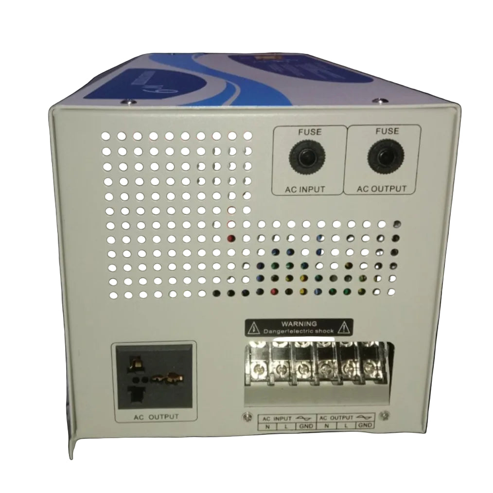 Denko 3000W Inverter 24VDC to 220V AC power converter with AC input, output fuses, and terminal connections