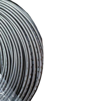 A close-up of a coiled dark gray cable or wire roll wrapped in clear plastic, shown against a plain white background.