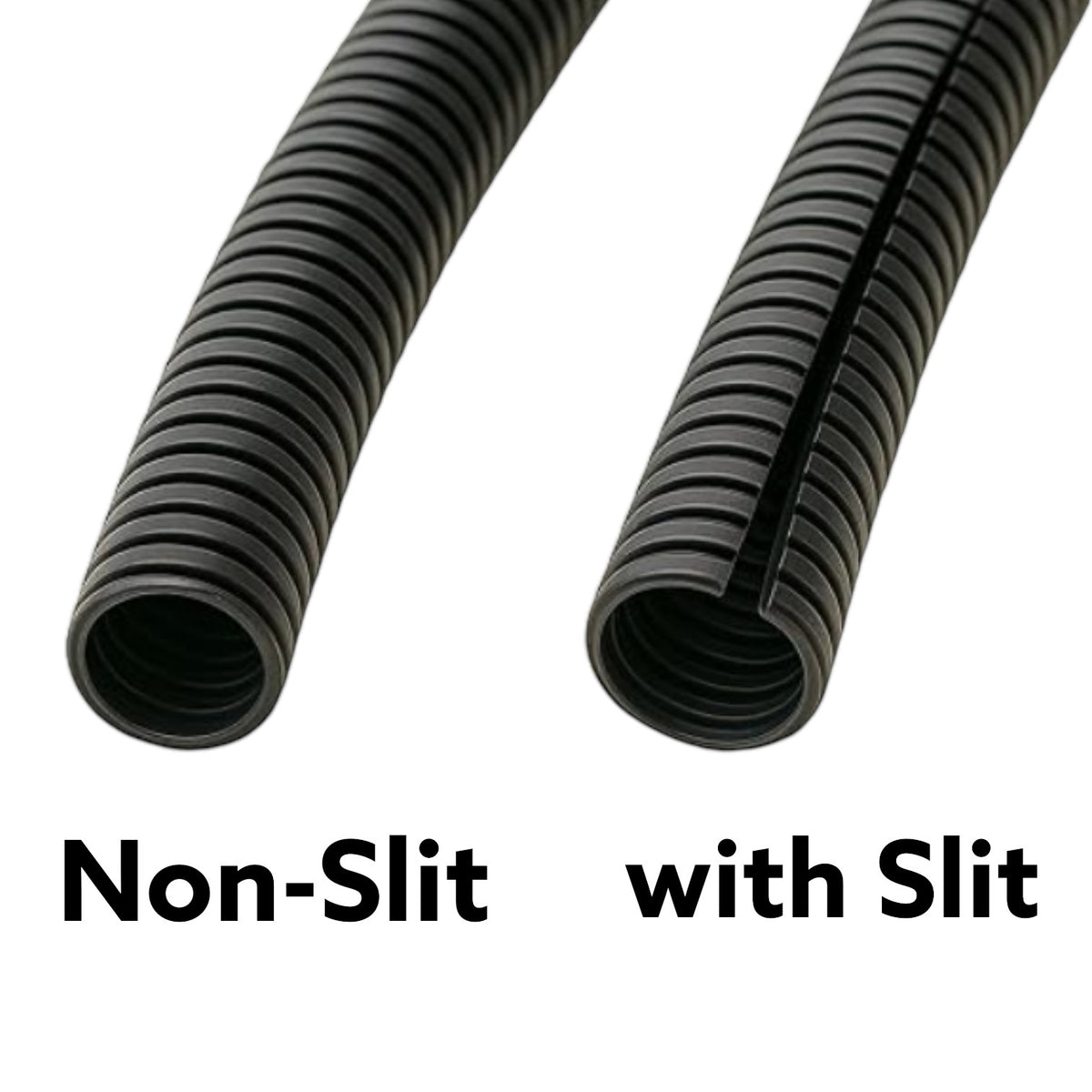 Two black corrugated protective cables shown on a white background, labeled 'Non-Slit' and 'with Slit' to demonstrate the slit feature.