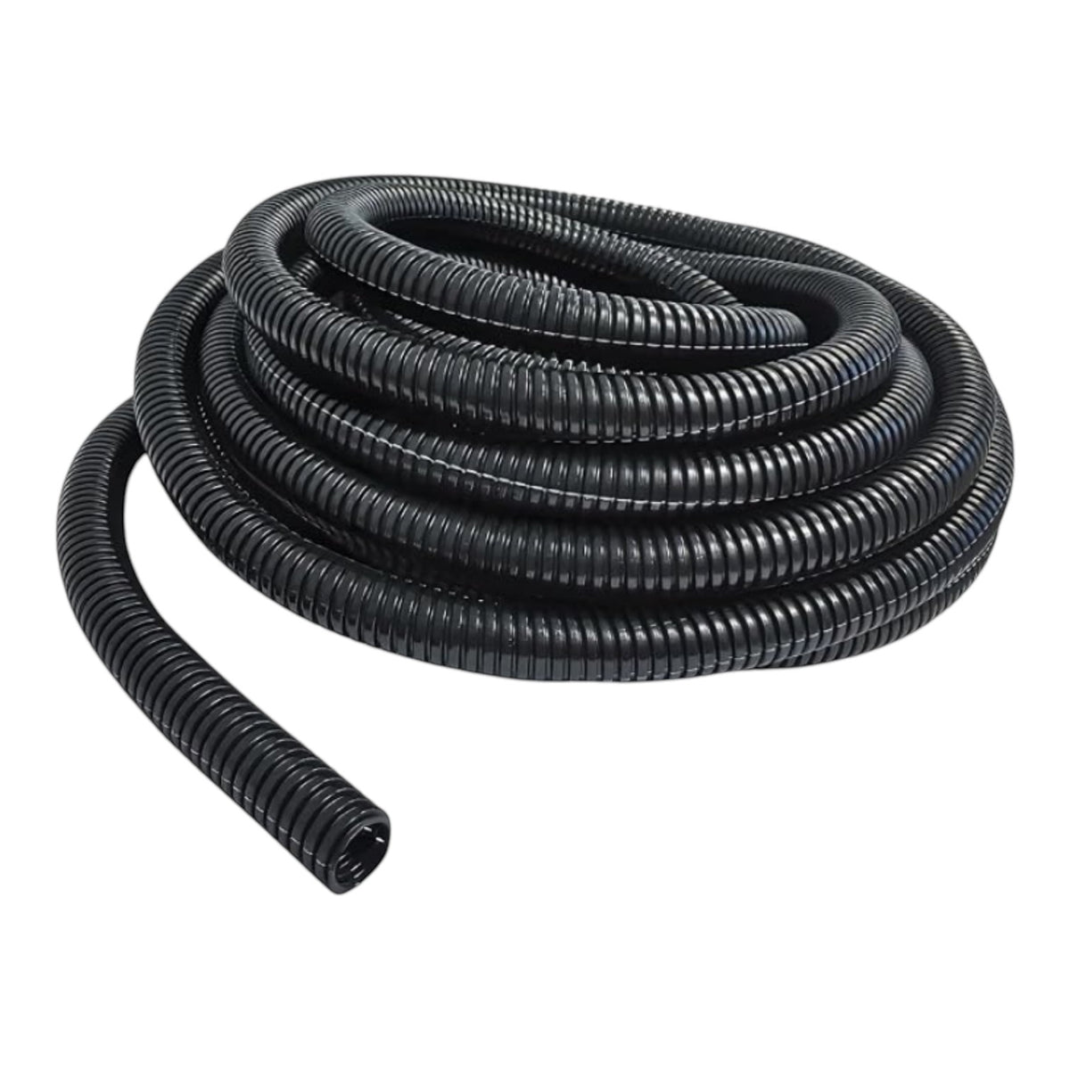A coiled black corrugated electrical cable protective tube on a solid white background.