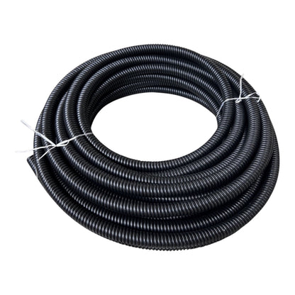 A coiled black corrugated plastic conduit or cable protective tube, secured with white ties, shown on a plain white background.