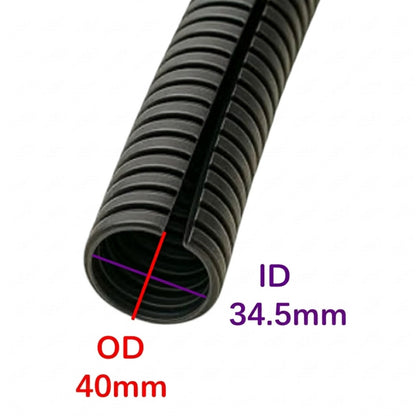 A close-up of a black corrugated cable protective sleeve with dimension annotations showing OD 40mm, ID 34.5mm, and a red centerline indicating the inner diameter.