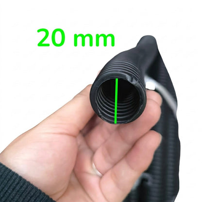 A hand holding a black corrugated hose or tube end, with a green line and the text '20 mm' indicating the inner diameter.