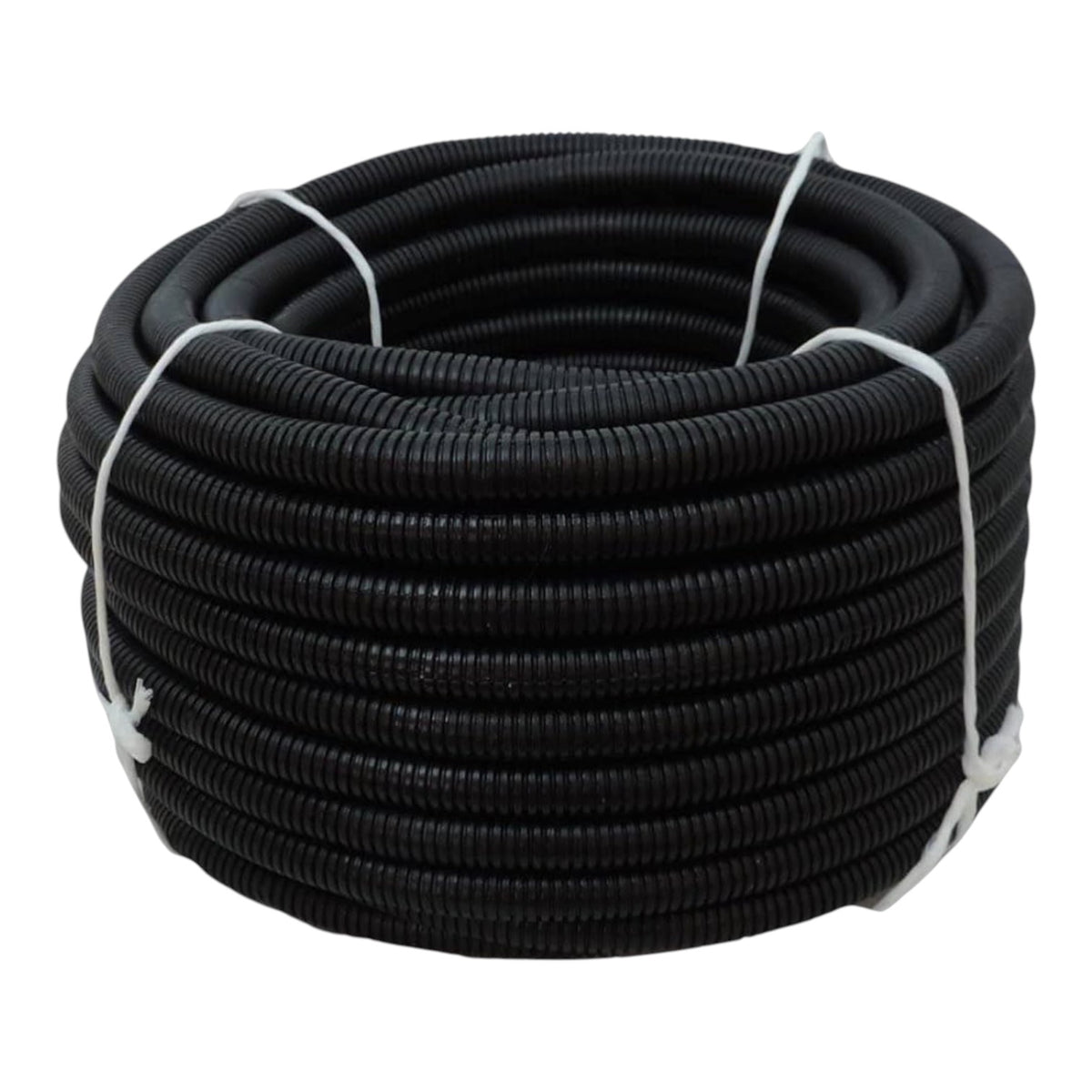 A coiled black corrugated electrical cable protective tube or conduit, secured with white ties, shown against a plain white background.