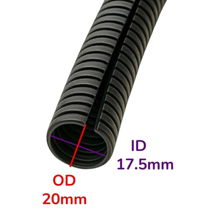 A close-up of a black corrugated cable protective sleeve with dimension annotations showing OD 20mm, ID 17.5mm, and a red centerline measurement line on a white background.