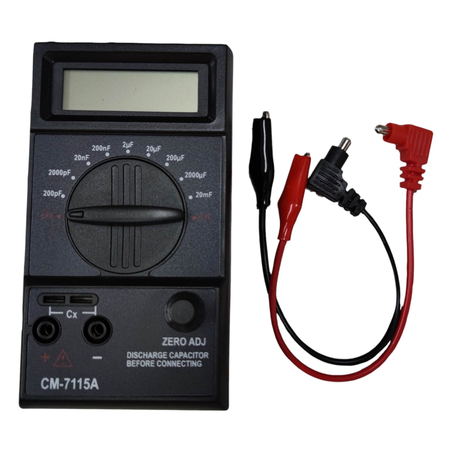 Capacitance meter with test leads on a white background