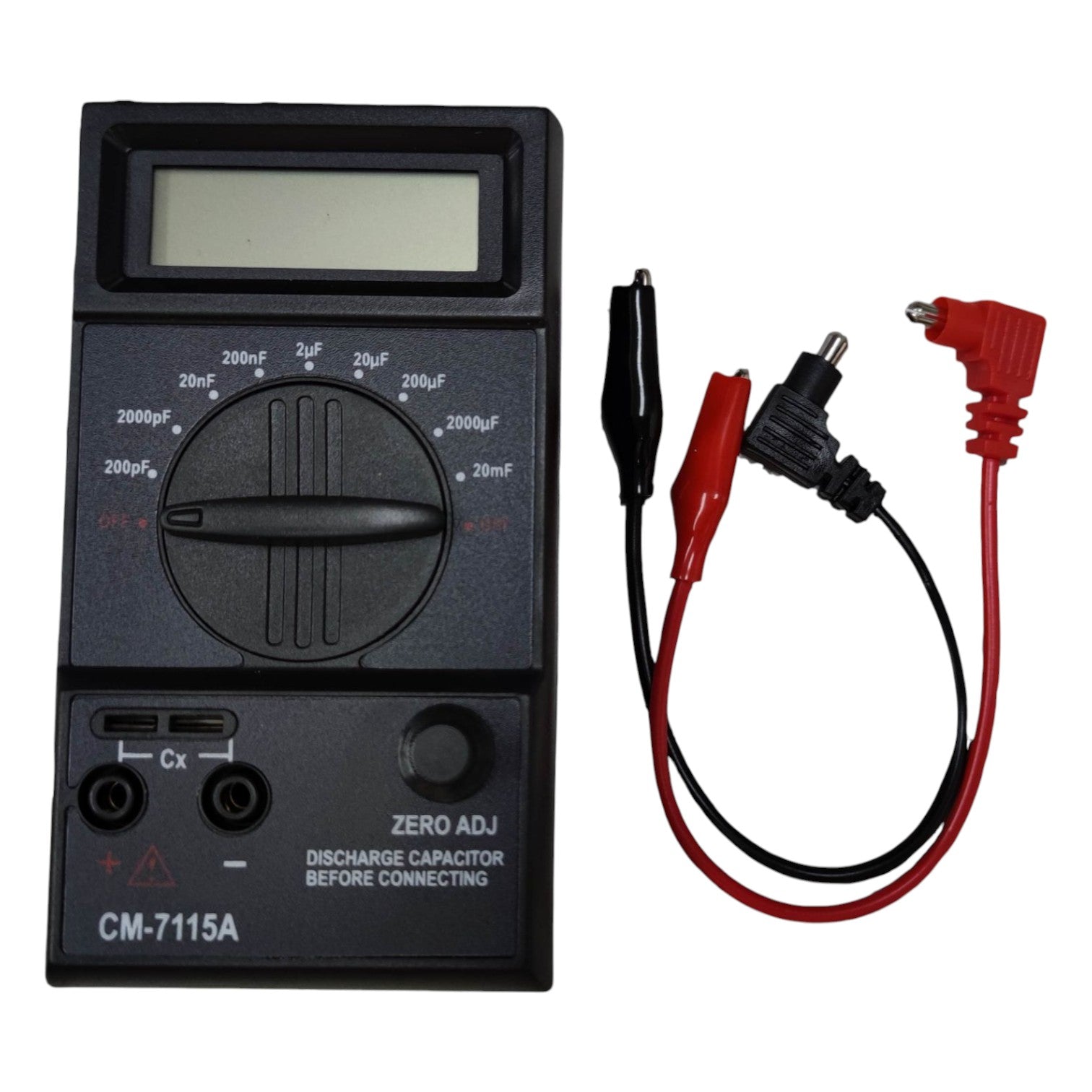 Capacitance meter with test leads on a white background