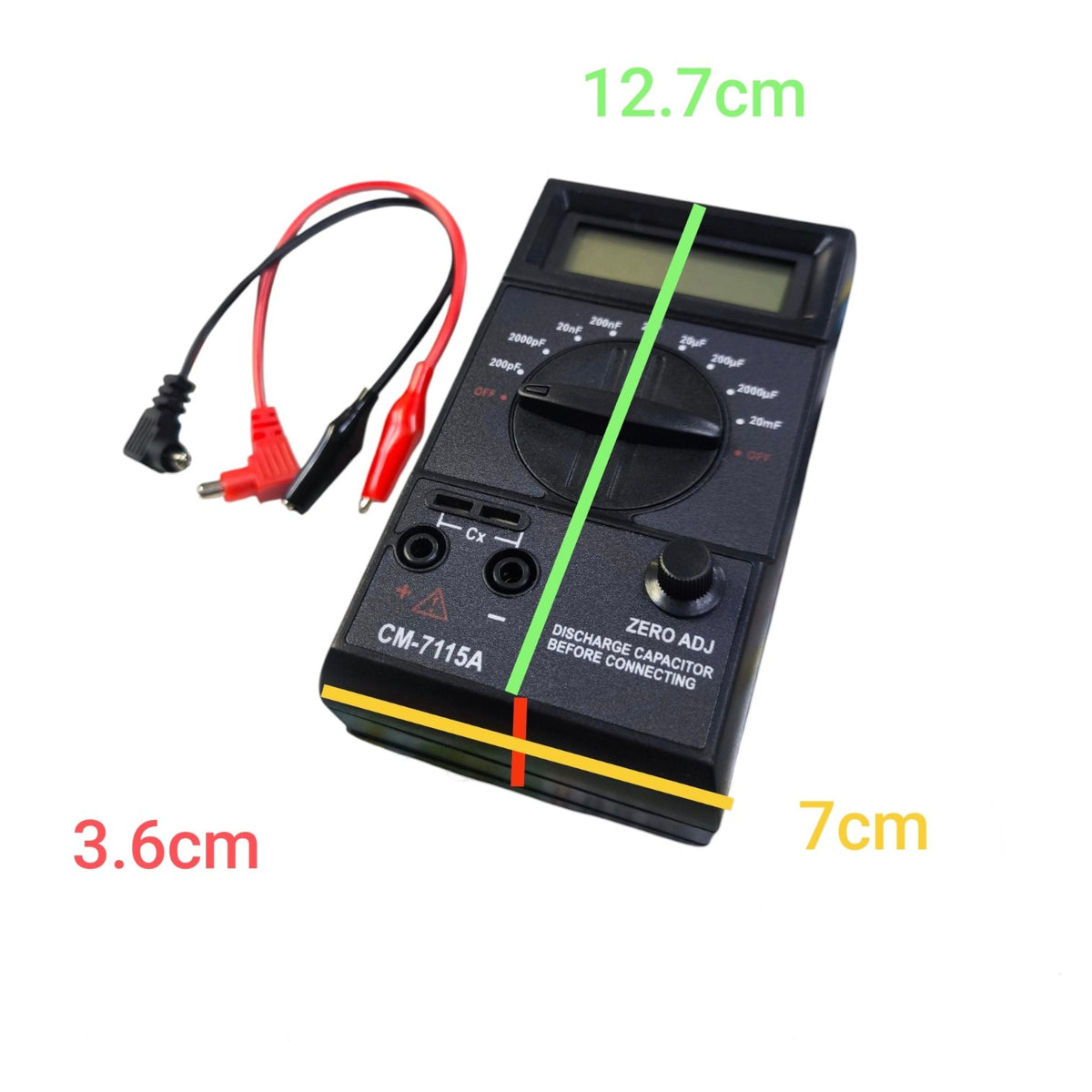 Digital multimeter with measurement labels on a white background
