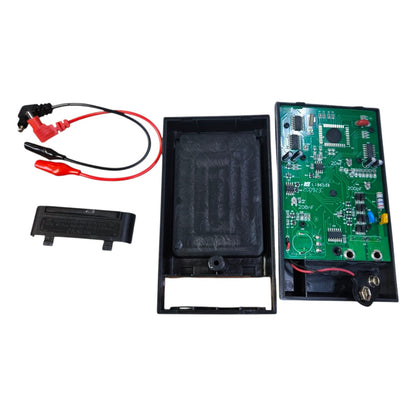 Electronic components including a circuit board, battery pack, and connectors on a white background
