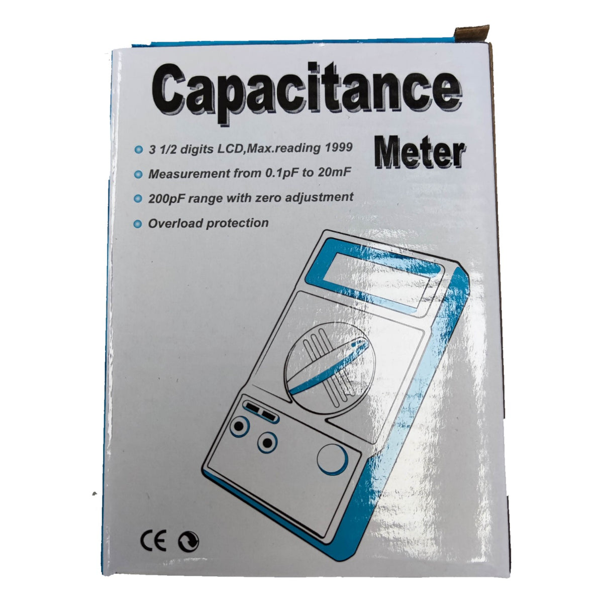 Box of a capacitance meter with text and diagram on a white background