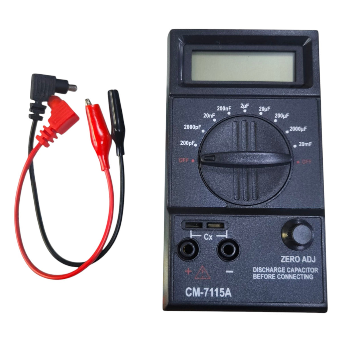 Digital multimeter with test leads on a white background